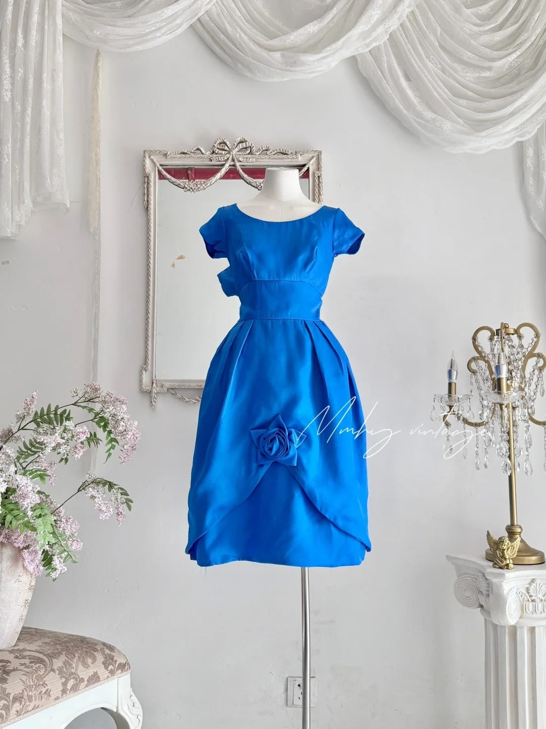 Klein blue retro fashion elegant flower bud floral embellishment exquisite waist very waist-revealing medium-length/short prom dress evening dress prom dress nv4085