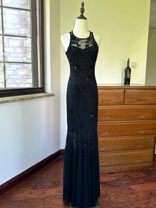 🖤Vintage Black embroidered beaded fishtail mesh long prom dress nv5430