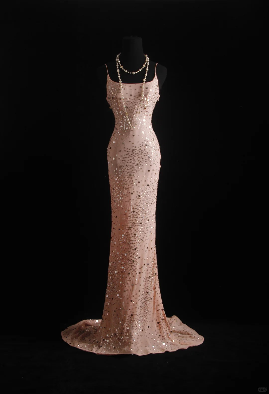 Pink vintage handmade dress with sequin beads sparkling stars. Long chiffon ball gown or evening dress nv5206