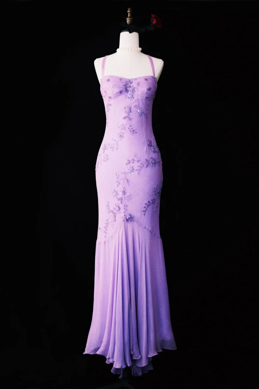 Vintage Purple Wisteria Flower Romantic Purple Exquisite Handmade Beaded Long Chiffon Dress NV6609
