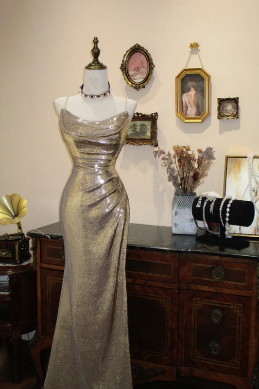 Gold Sequin One-Shoulder Fitted Maxi Evening Dress NV6547