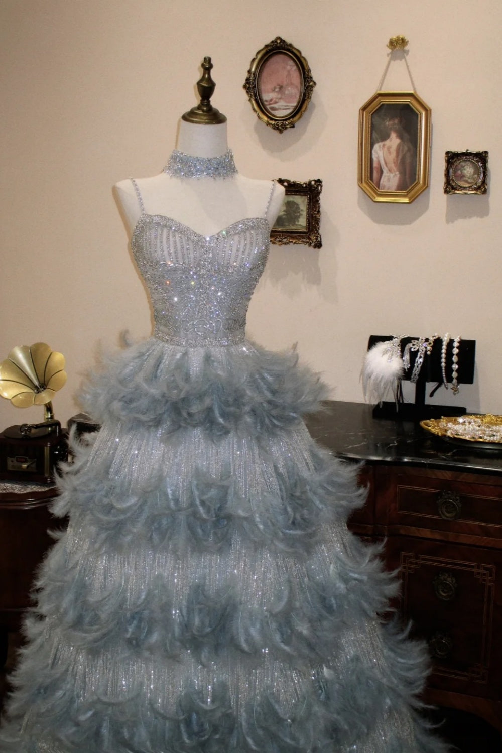 Light Blue Grey Sequin Feather Halter High Neck Ball Gown Evening Dress NV6551