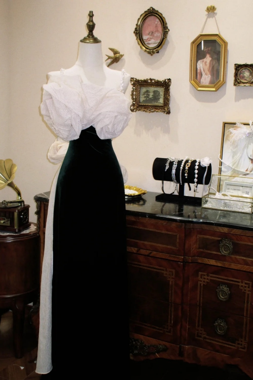 Velvet White Ruffle Asymmetrical Strap Maxi Evening Dress NV6550