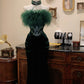 Dark Green Velvet Feather Strapless High Neck Evening Gown with Emerald Detail NV6553