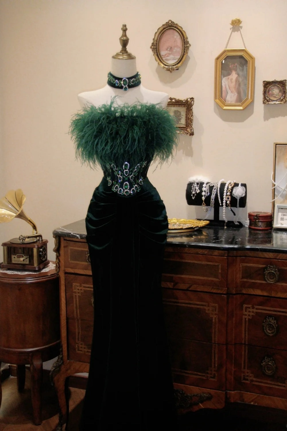 Dark Green Velvet Feather Strapless High Neck Evening Gown with Emerald Detail NV6553