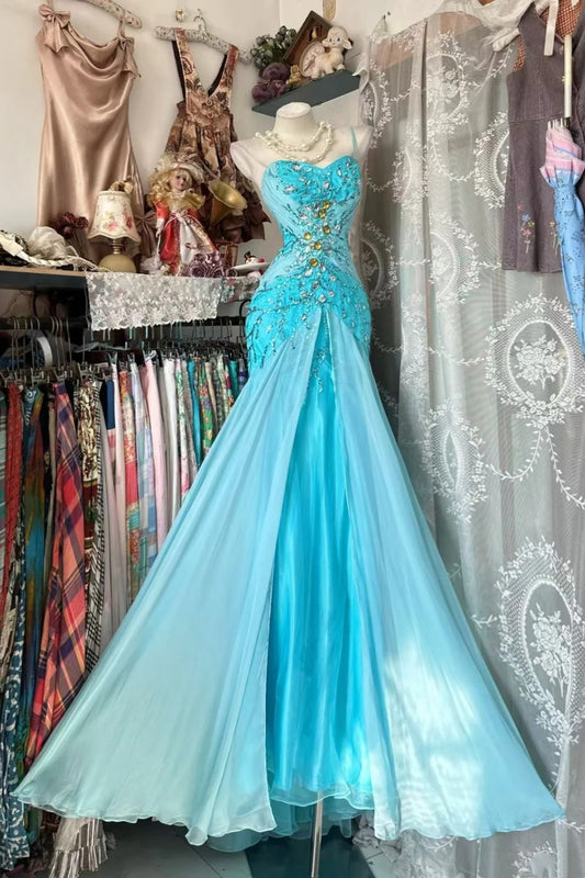 Gradient Aqua Blue Fairy Strapless Gown Beaded Tulle Ball Gown Prom Dress NV6828