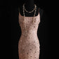 Pink vintage handmade dress with sequin beads sparkling stars. Long chiffon ball gown or evening dress nv5206