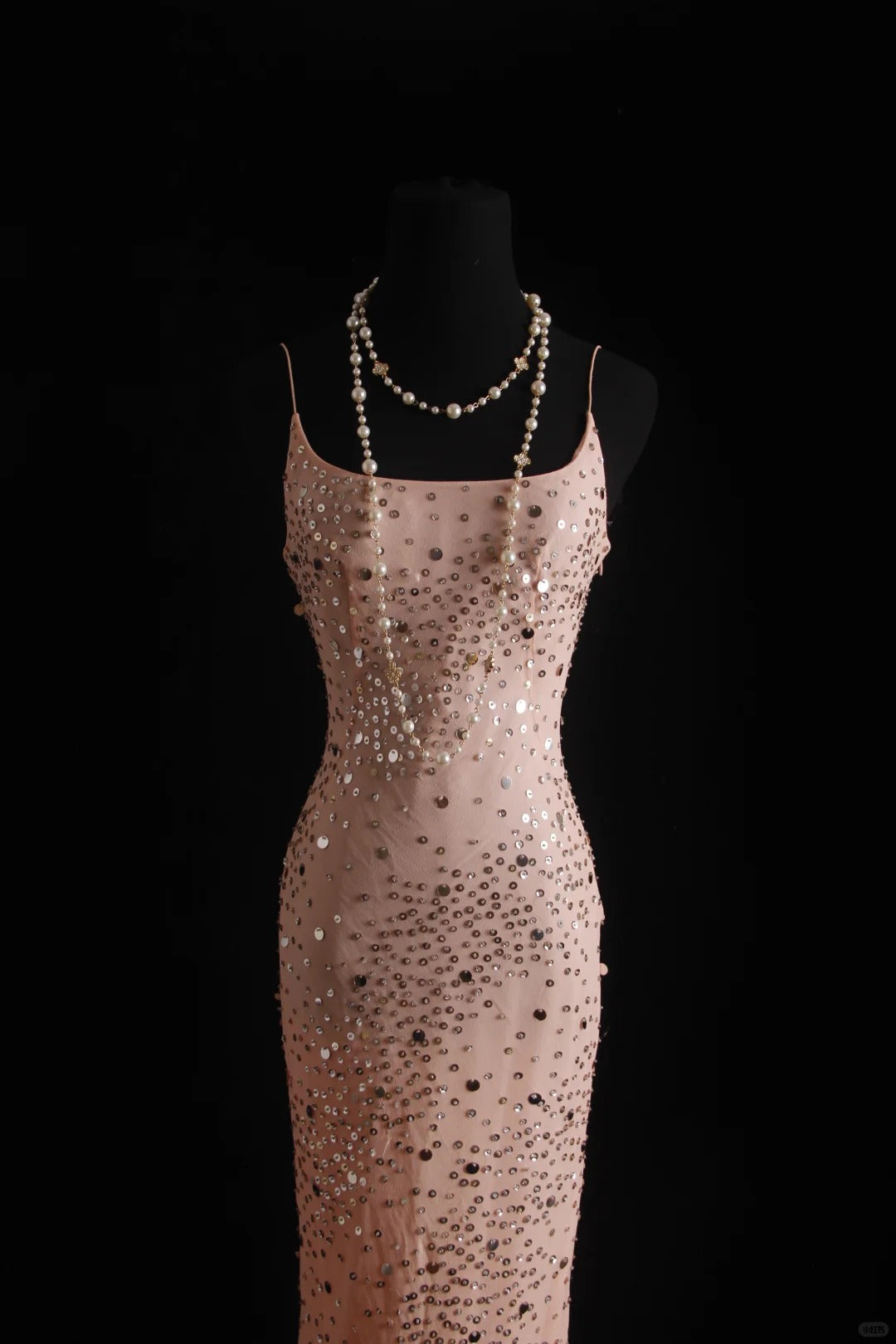 Pink vintage handmade dress with sequin beads sparkling stars. Long chiffon ball gown or evening dress nv5206