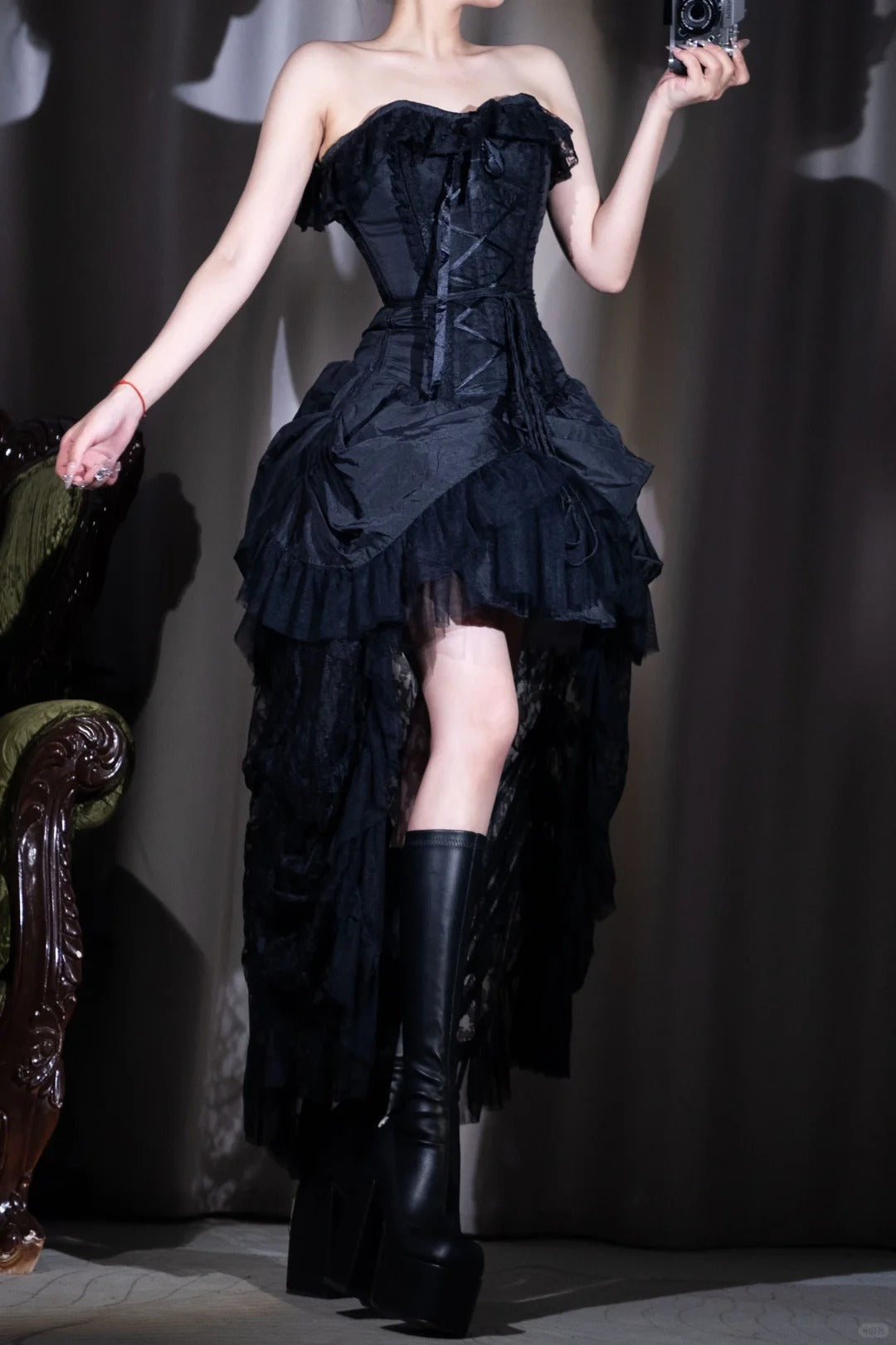 Black Lace Corset Long Chiffon Prom Dress Evening Dress Party Dress nv5132