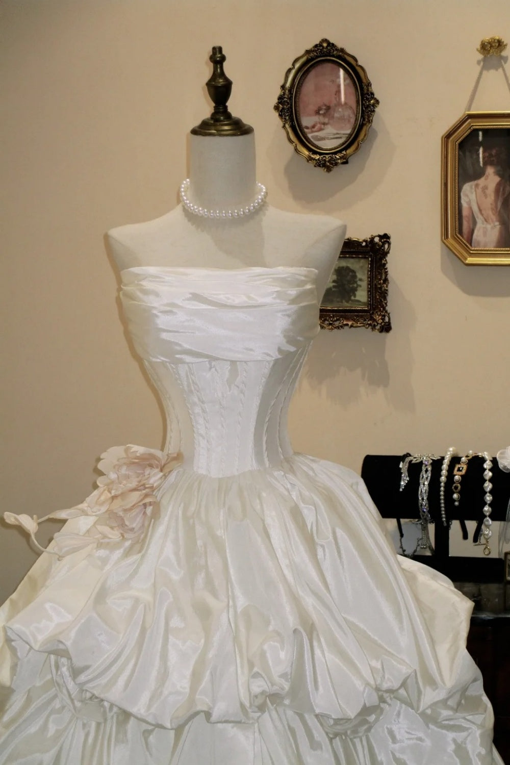 White Satin Strapless Ball Gown with Floral Detail Vintage Evening Dress NV6552
