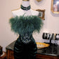 Dark Green Velvet Feather Strapless High Neck Evening Gown with Emerald Detail NV6553