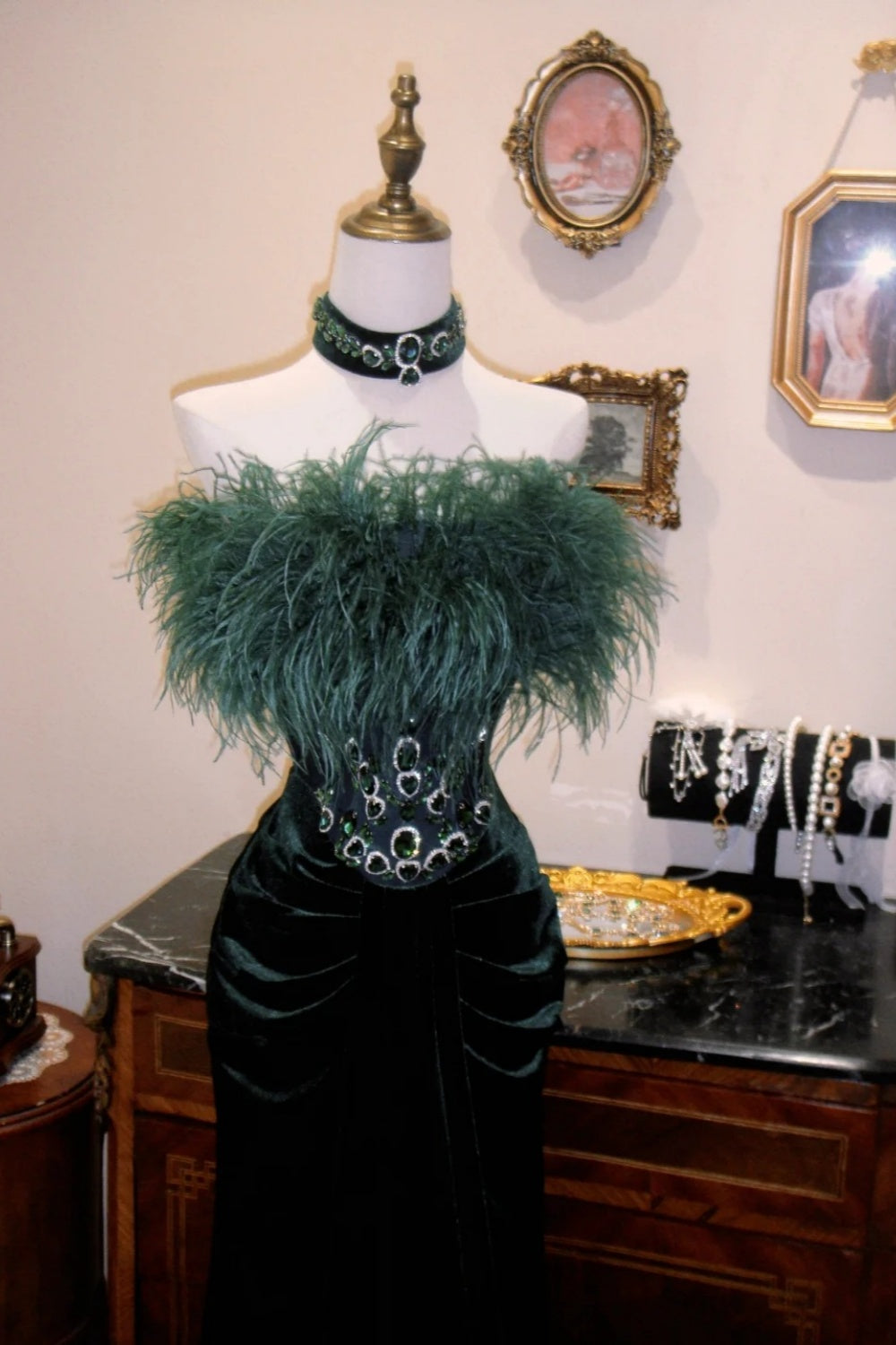 Dark Green Velvet Feather Strapless High Neck Evening Gown with Emerald Detail NV6553