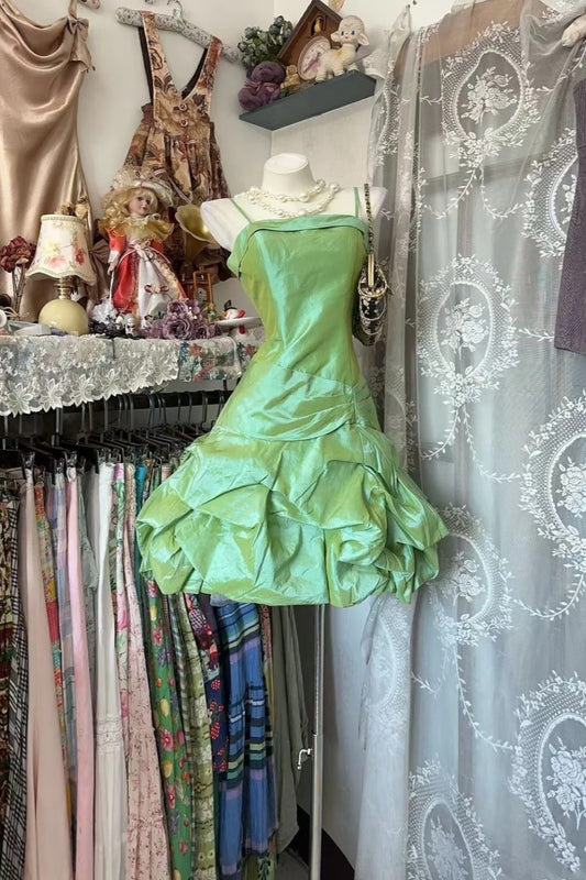 Sweet Edgy Mint Green Spaghetti Strap Mini Dress | Satin Layered Puff Skirt, Date Party Gift Outfit for Girls NV6293