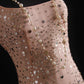 Pink vintage handmade dress with sequin beads sparkling stars. Long chiffon ball gown or evening dress nv5206