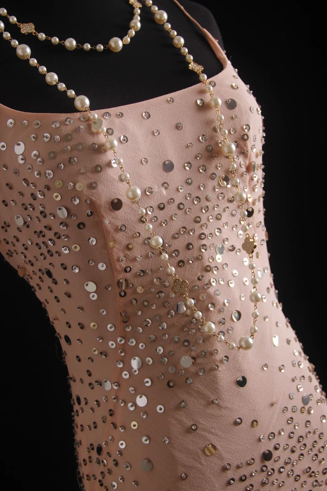 Pink vintage handmade dress with sequin beads sparkling stars. Long chiffon ball gown or evening dress nv5206