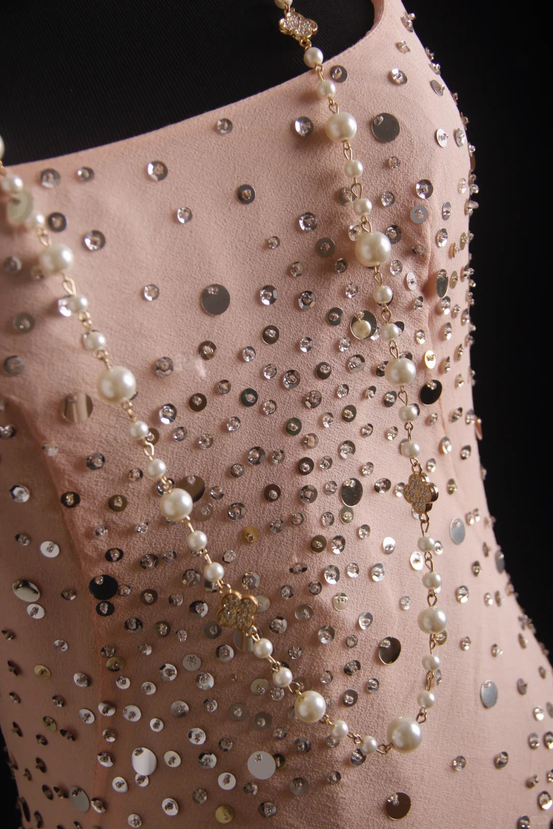 Pink vintage handmade dress with sequin beads sparkling stars. Long chiffon ball gown or evening dress nv5206