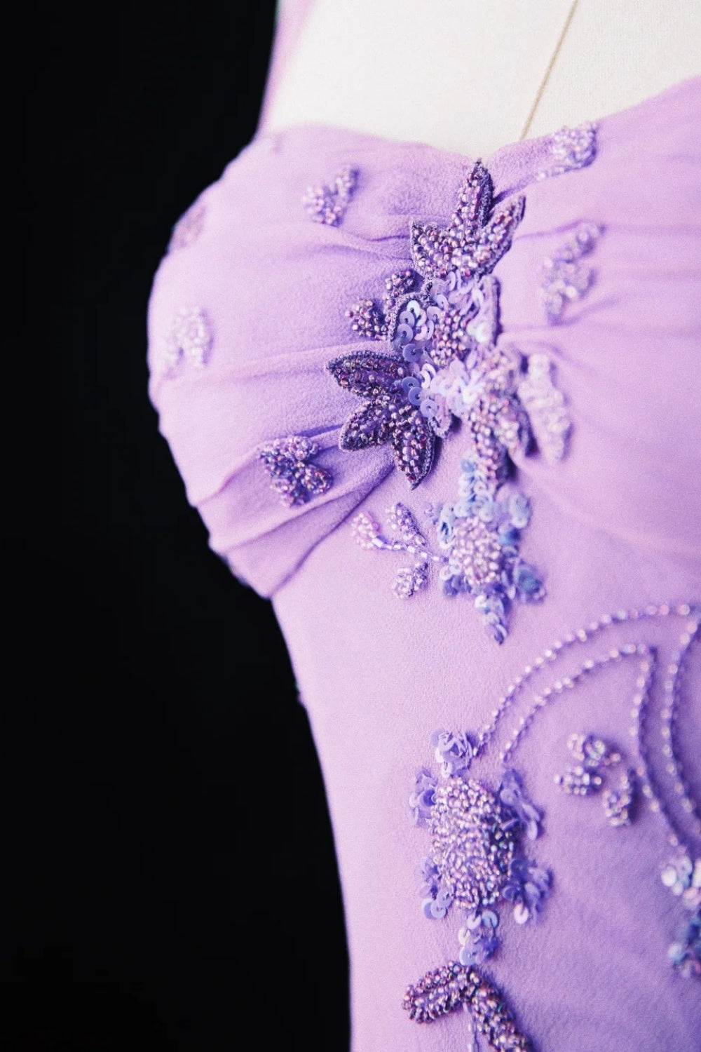 Vintage Purple Wisteria Flower Romantic Purple Exquisite Handmade Beaded Long Chiffon Dress NV6609