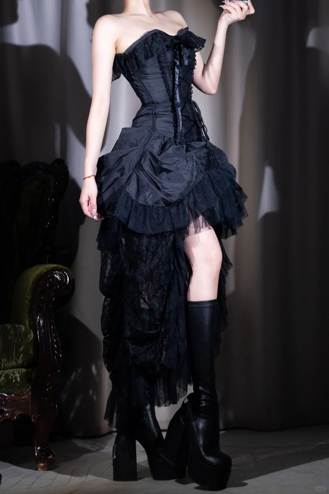 Black Lace Corset Long Chiffon Prom Dress Evening Dress Party Dress nv5132