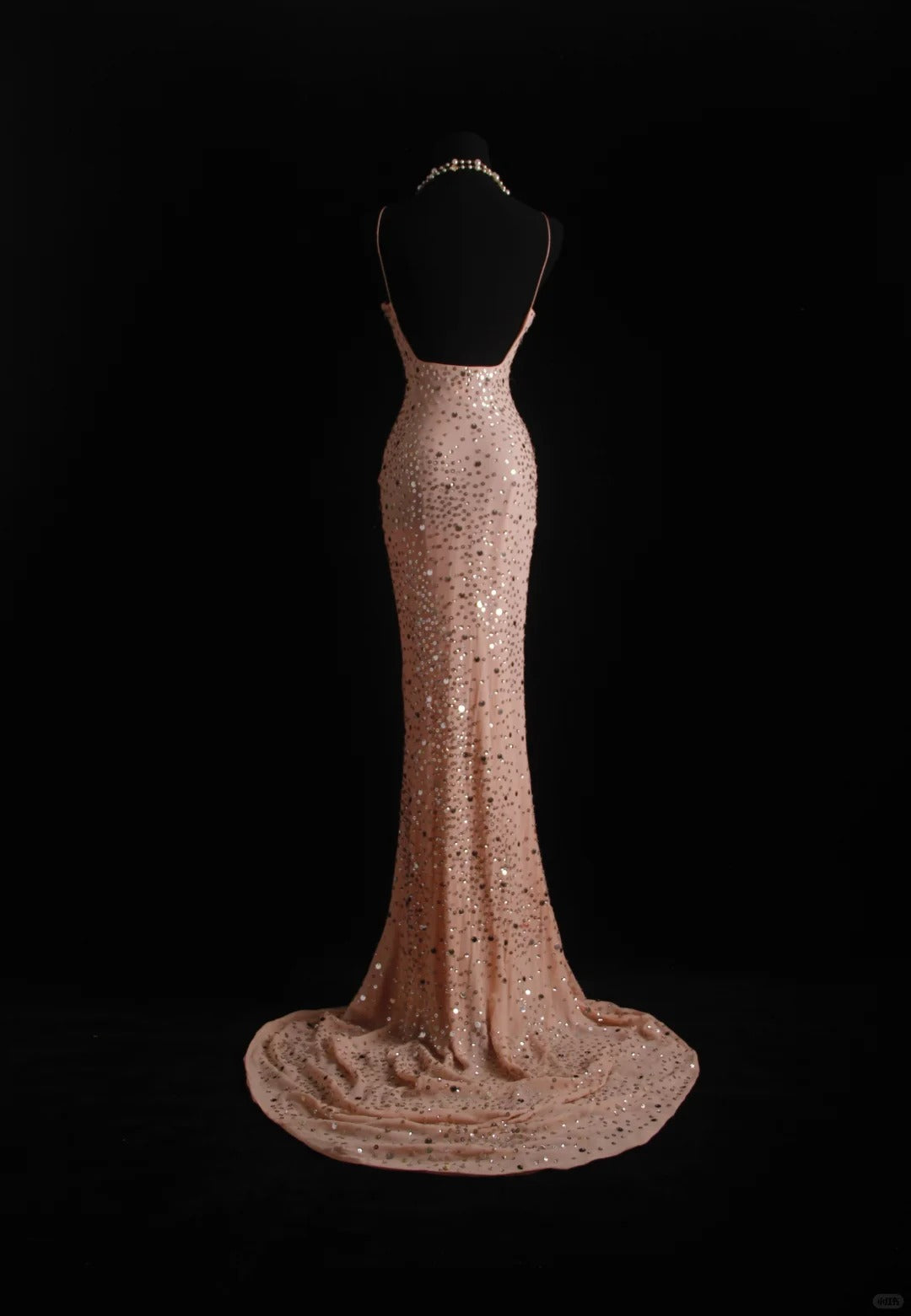 Pink vintage handmade dress with sequin beads sparkling stars. Long chiffon ball gown or evening dress nv5206