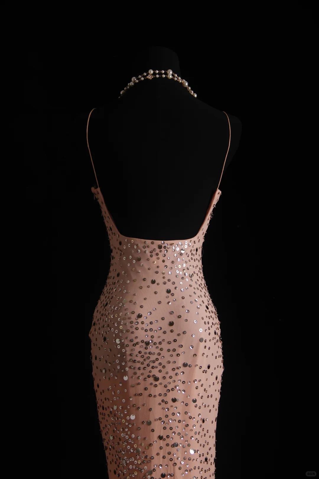 Pink vintage handmade dress with sequin beads sparkling stars. Long chiffon ball gown or evening dress nv5206