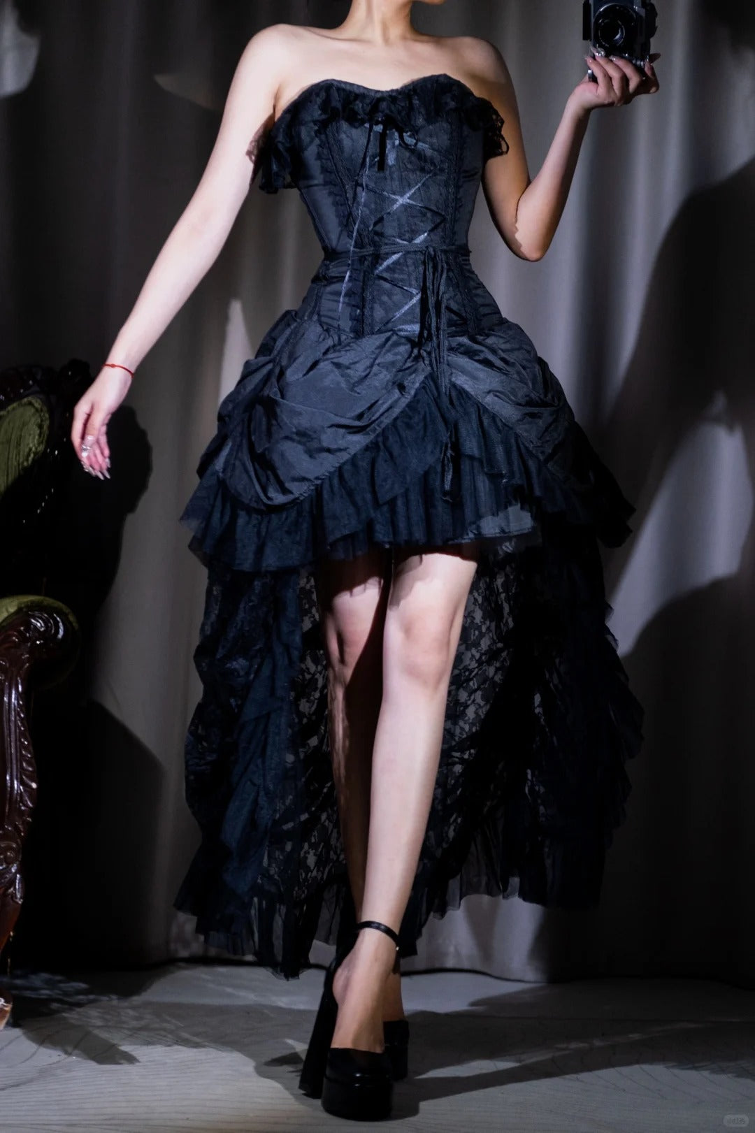 Black Lace Corset Long Chiffon Prom Dress Evening Dress Party Dress nv5132