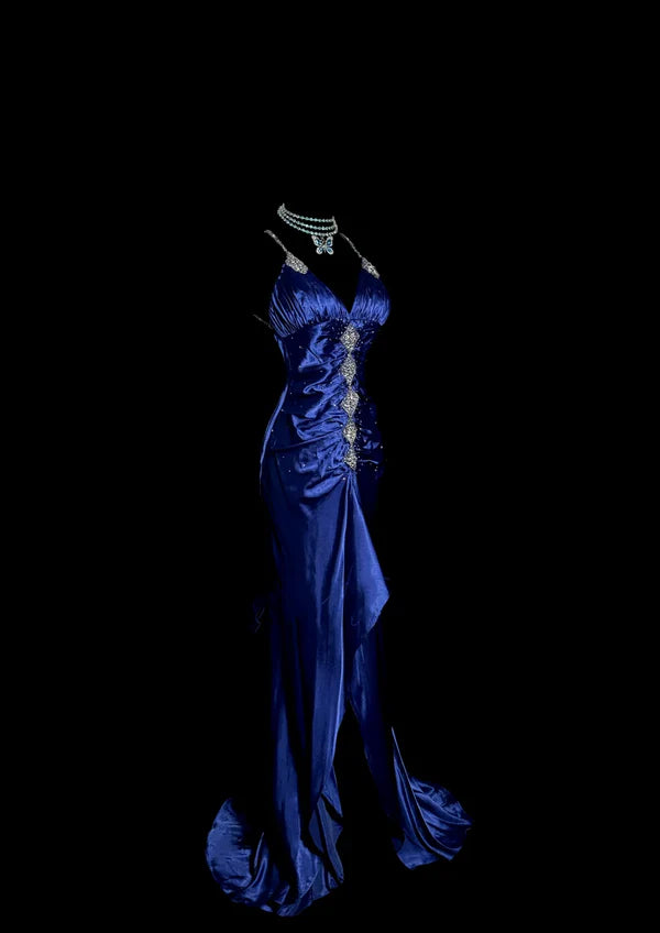 Robe de soirée longue en satin bleu exquis à bretelles spaghetti et perles, robe de bal, robe de soirée, robe de remise de diplôme, nv4264