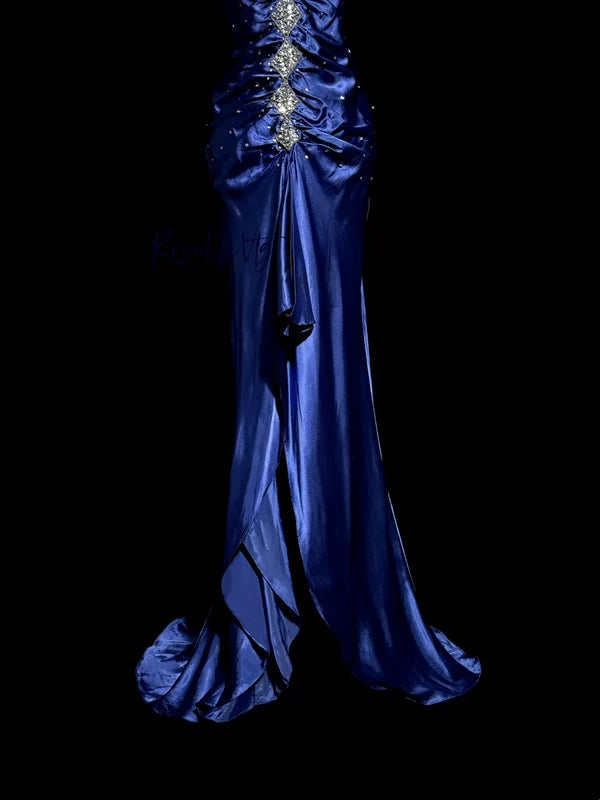 Robe de soirée longue en satin bleu exquis à bretelles spaghetti et perles, robe de bal, robe de soirée, robe de remise de diplôme, nv4264
