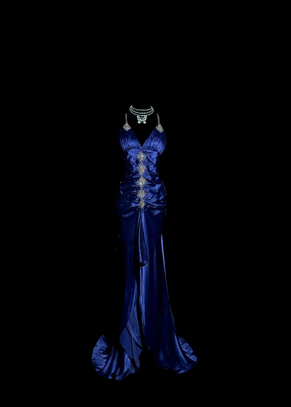 Robe de soirée longue en satin bleu exquis à bretelles spaghetti et perles, robe de bal, robe de soirée, robe de remise de diplôme, nv4264