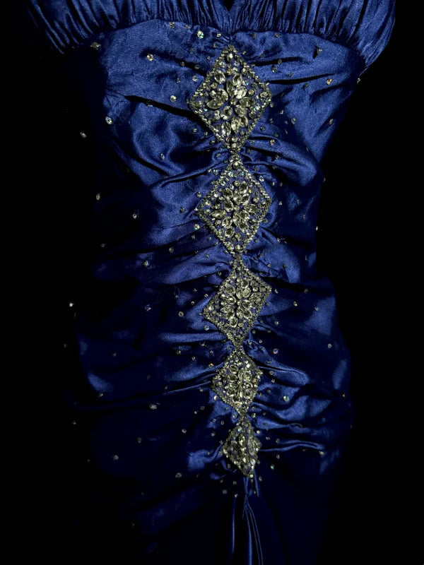 Robe de soirée longue en satin bleu exquis à bretelles spaghetti et perles, robe de bal, robe de soirée, robe de remise de diplôme, nv4264
