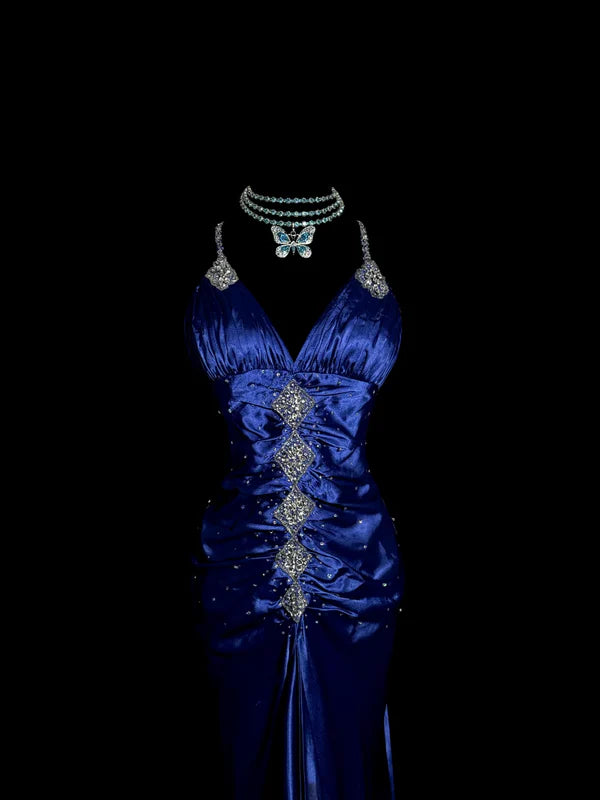 Robe de soirée longue en satin bleu exquis à bretelles spaghetti et perles, robe de bal, robe de soirée, robe de remise de diplôme, nv4264