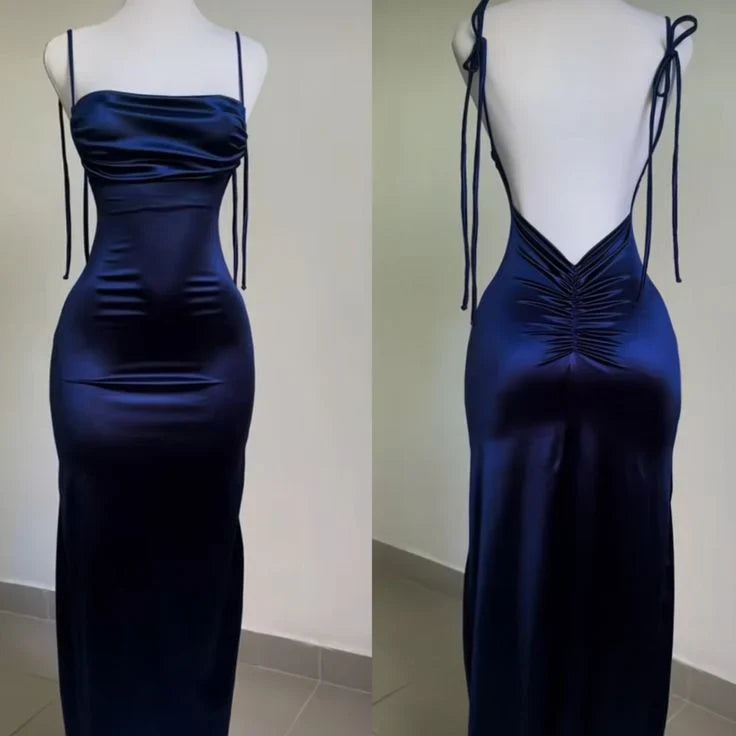 Blue simple fashion sexy bow spaghetti strap backless long floor-length evening dress party dress prom dress ball gown nv3824