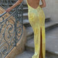 Robe de soirée longue jaune brillante et élégante à col en V et paillettes, robe de soirée, robe d'anniversaire, nv3375