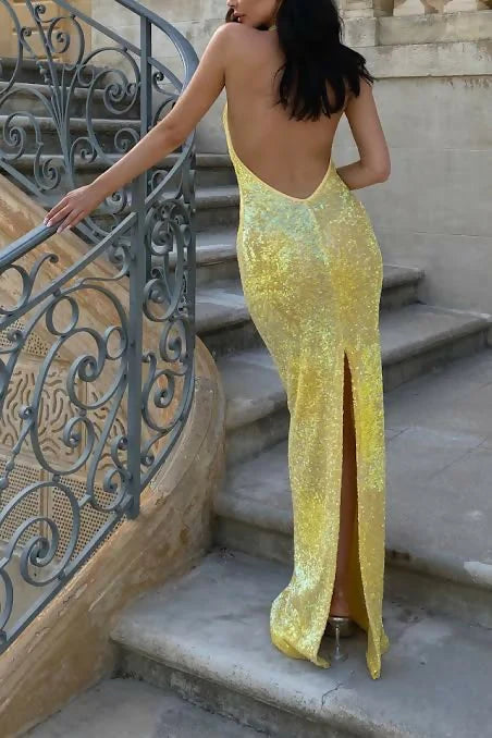 Robe de soirée longue jaune brillante et élégante à col en V et paillettes, robe de soirée, robe d'anniversaire, nv3375