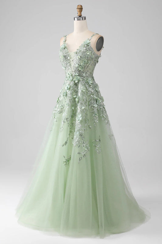 Salbeigrünes A-Linien-Ballkleid mit langem Korsett und Applikationen, nv1595