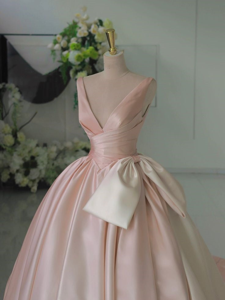 Rosa V-Ausschnitt schlichtes, modisches, langes Satin-Ballkleid mit Schleife, nv3022