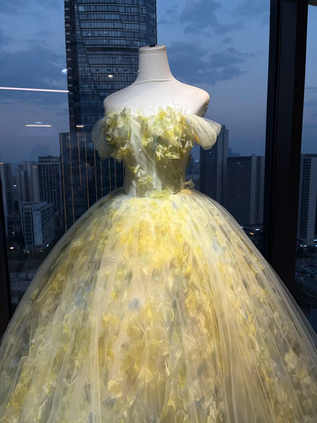 Pale Yellow Off Shoulder Floral Ball Gown, 3D Petal Appliques Tulle Long Formal Evening Prom Dress for Women  NV7036