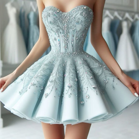 Light blue gorgeous beaded exquisite short tulle homecoming dress birthday party dress prom dress nv5067