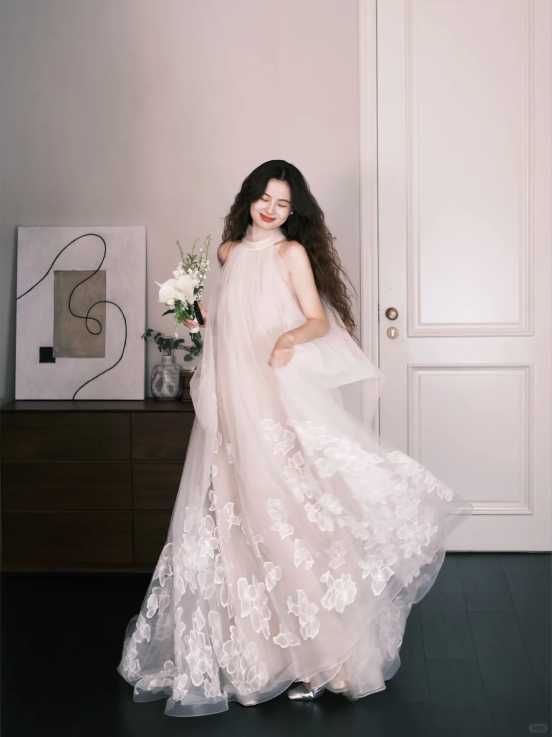 Halter Sheer Tulle Bridal Gown, A-Line Wedding Dress with 3D Flower Petal Appliques  NV7327