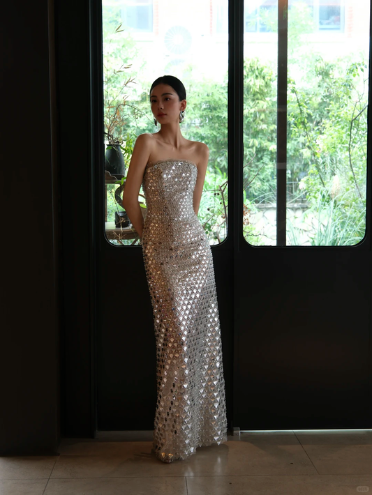 Silver Strapless Rhinestone Beaded Mermaid Evening Gown  NV7195
