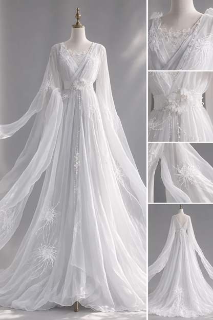 White Ancient Style Chiffon Bridal Gown, V Neck Wide Sleeve 3D Floral Embroidery Pearl Waist Sash  NV7447