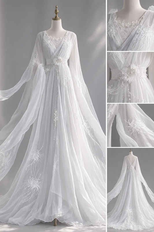 White Ancient Style Chiffon Bridal Gown, V Neck Wide Sleeve 3D Floral Embroidery Pearl Waist Sash  NV7447