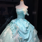 Strapless Mint Blue Prom Dress Satin Ruched Hand Beading 3D Flower Organza Ruffle Ball Gown  NV7051