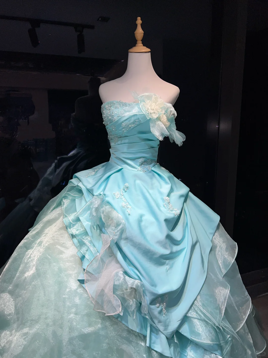 Strapless Mint Blue Prom Dress Beaded Embroidery 3D Flower Layered Organza Ball Gown  NV7059