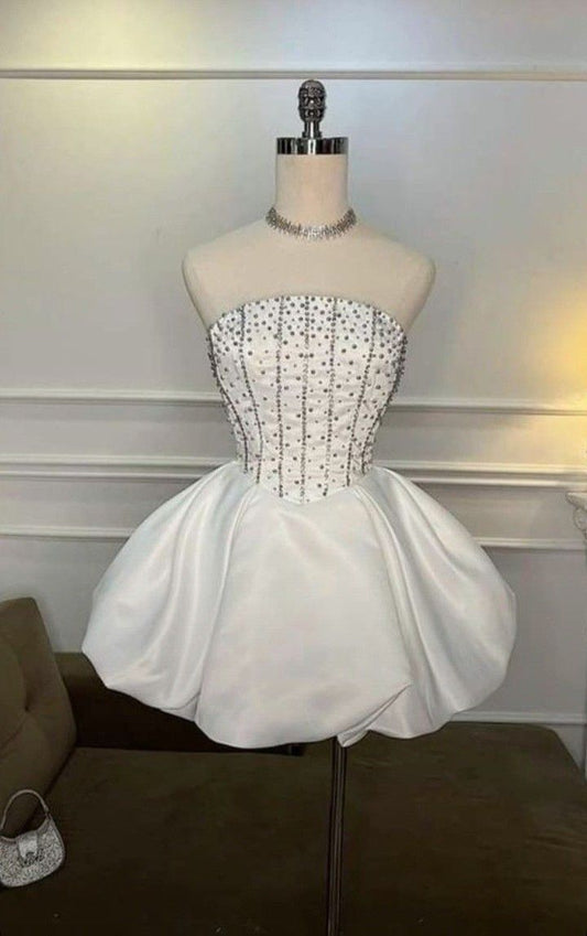 Weiß/Rosa Mode Perlen Elegante Kurze Satin Homecoming Kleid Party Kleid nv4856