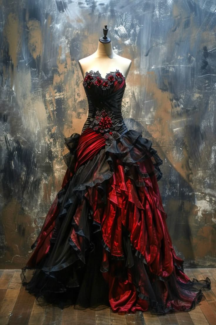 Black & Red Satin Train Gown | 3D Floral Gothic Style Theme Party Evening Dress NV6320