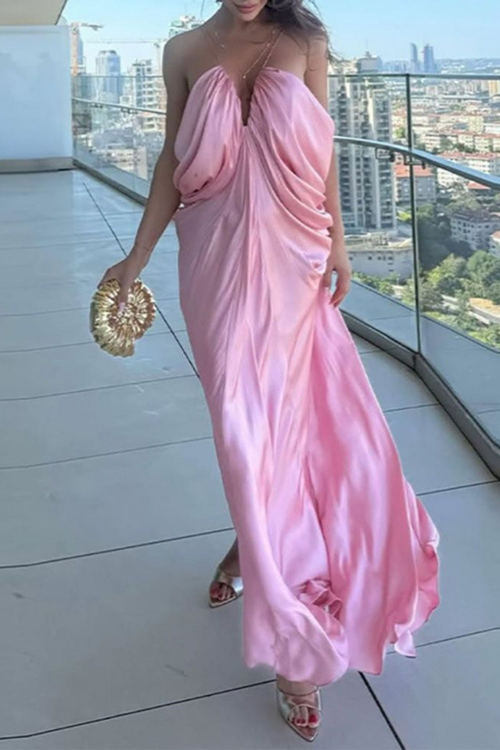 Pink fashion V-neck elegant long satin prom dress bridesmaid dress wedding guest party dress nv5214