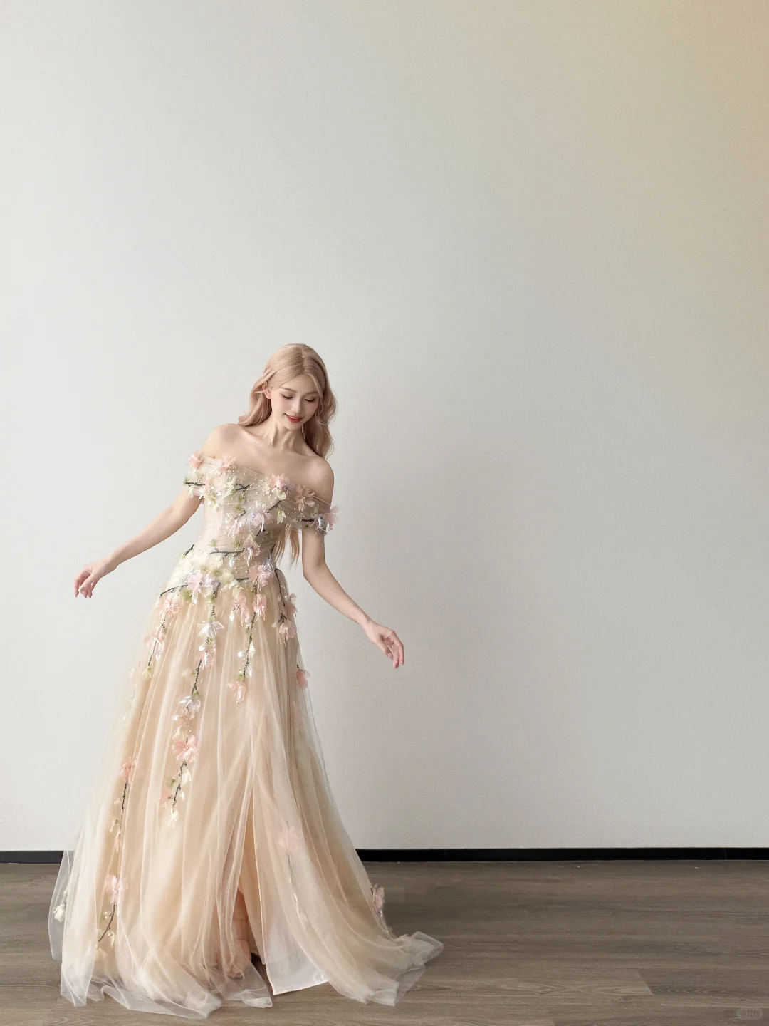 Off Shoulder A-Line Tulle Prom Dress Champagne 3D Floral High Slit Gown  NV7124