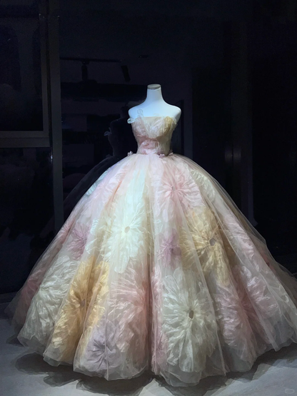 Pink Yellow Ombre 3D Floral Tulle Long Evening Gown Strapless Puffy Ball Gown Prom Dress  NV7076
