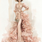 Dusty Pink Vintage Mermaid Evening Gown with 3D Flower and Ruffle Train  NV7410