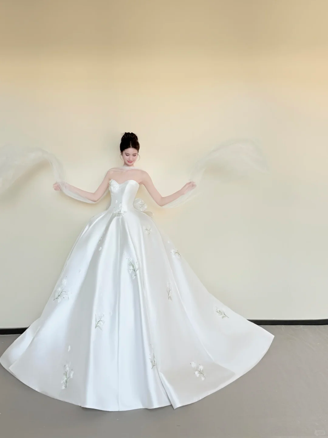 White Sweetheart Satin Ballgown Wedding Dress, Floral Embroidery Tulle Cape Bridal Gown  NV7440